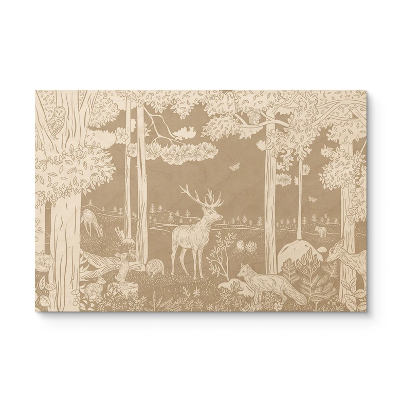Holzbild Herbstlicher Wald mit Hirschen und Füchsen - Braun - Kikki Belle 