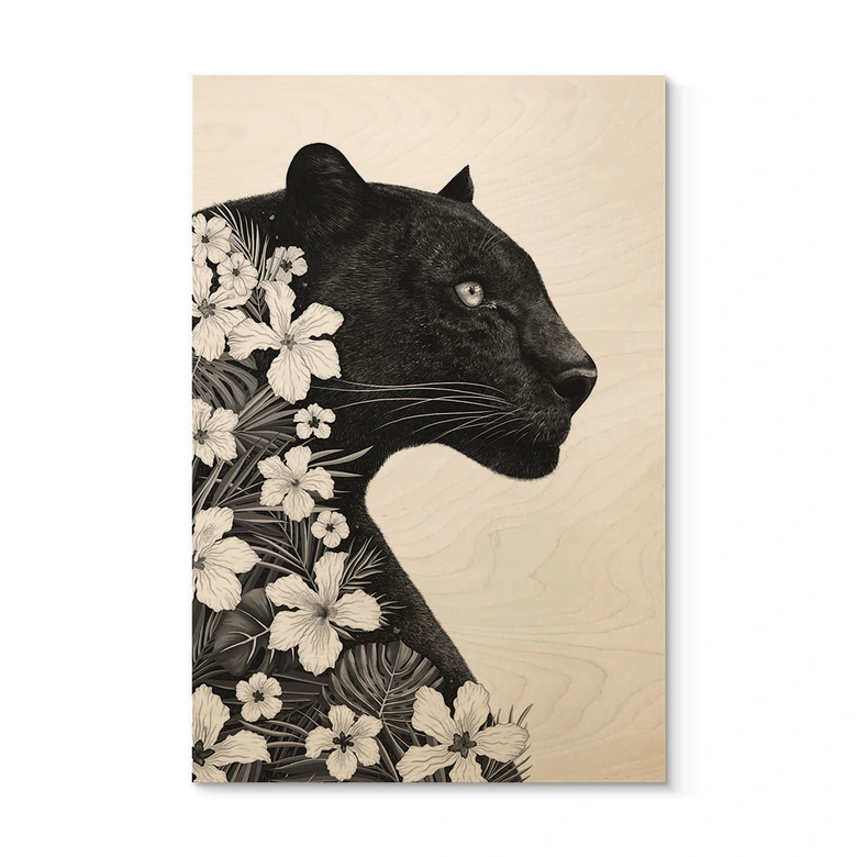 Cuadro de madera pantera negra con flores blancas - Korenkova 