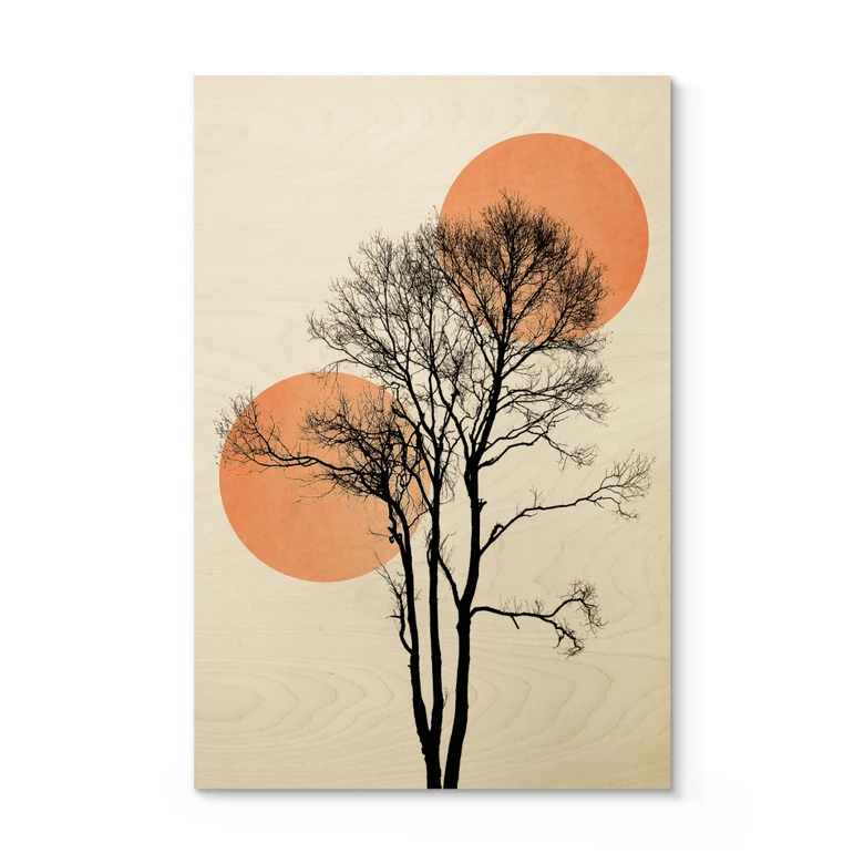 Tableau sur bois Soleil et lune en orange - Kubistika 