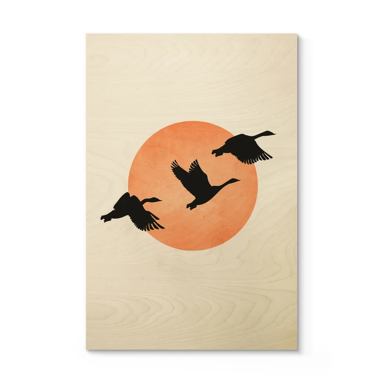 Houten Poster Vogels voor de perzikkleurige zon - Kubistika 