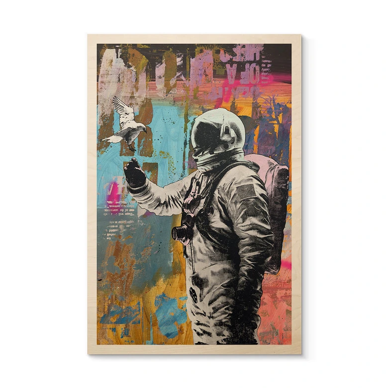 Tableau en bois Astronaute avec colombe - Kuryliuk 