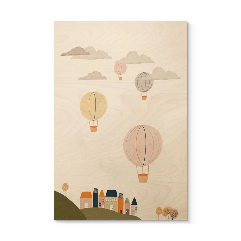 Cuadro de madera Globos aerostáticos de colores en el cielo - Lisboa 
