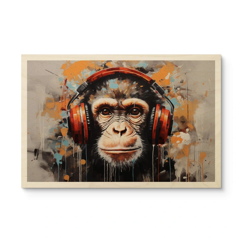 Tableau sur bois Singe DJ avec écouteurs - Magnusson 