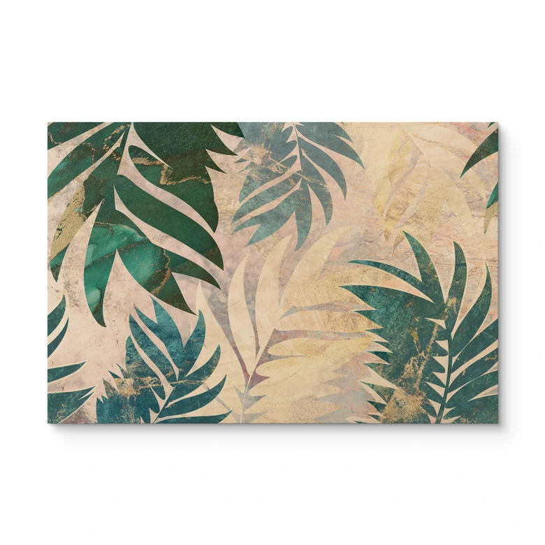 Holzbild Exotische Palmenblätter in Gold-grün - Manovski 