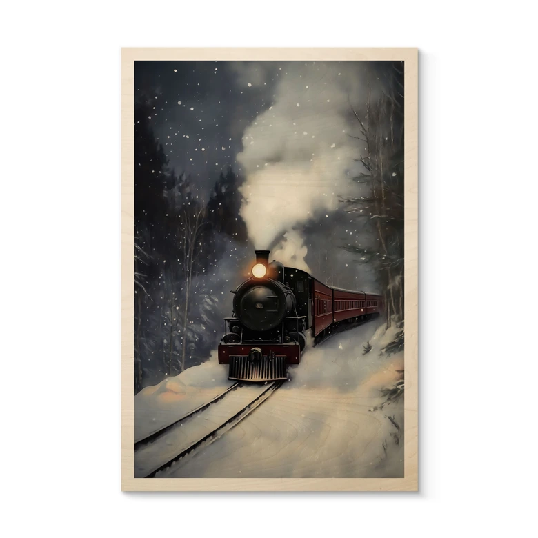 Holzbild Dampflok im verschneiten Wald - Melloi Art Prints 