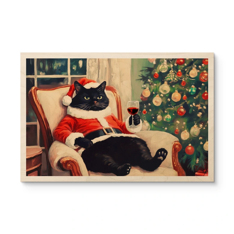 Holzbild Weihnachtskatze mit Wein - Melloi Art Prints 