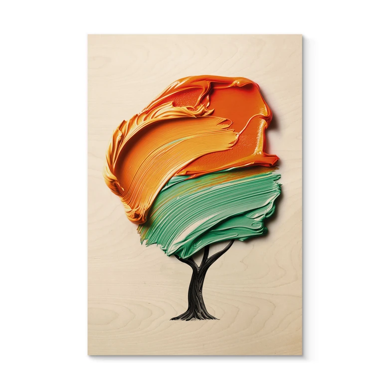 Holzbild Baum mit oranger und grüner 3D-Krone - Mielu 