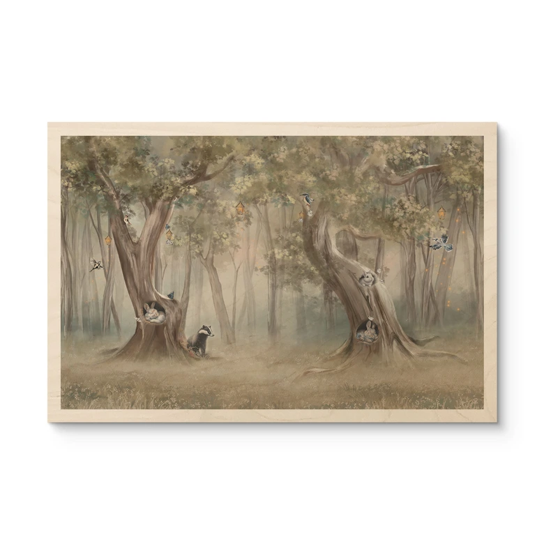 Holzbild Süße Waldtiere zwischen Bäumen - Ms Tiff 