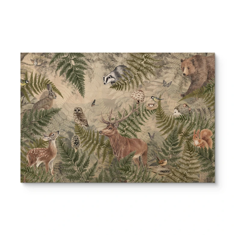 Holzbild Waldtiere zwischen Farn und Blättern - Ms Tiff 