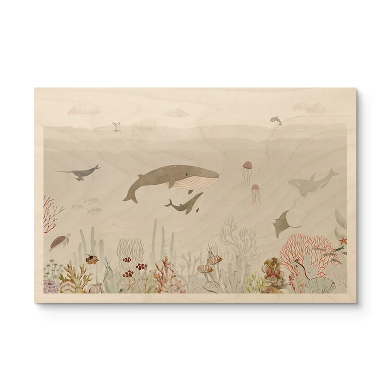Holzbild Wale und ihre Freunde in der Unterwasserwelt - Kinderzimmer - Oliver Robins 