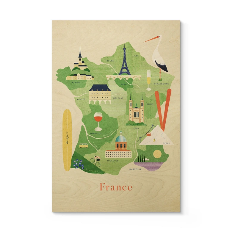 Holzbild Karte von Frankreich - Rivers 