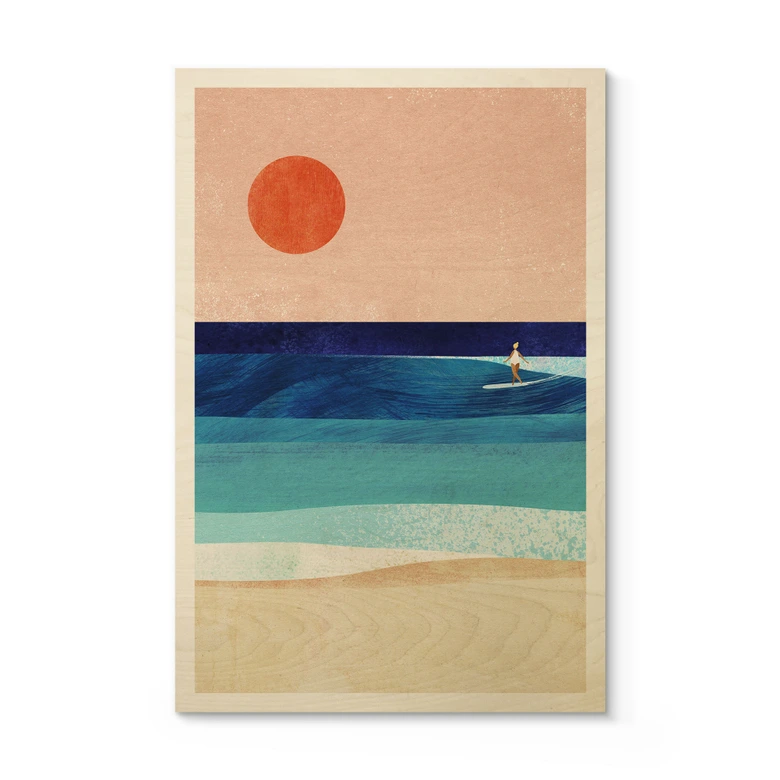 Holzbild Surfer Mädchen beim Sonnenuntergang - Rivers 