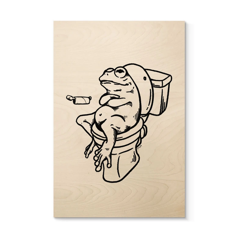 Holzbild Warten auf der Toilette - Humorvolle Frosch-Illustration - Royle 