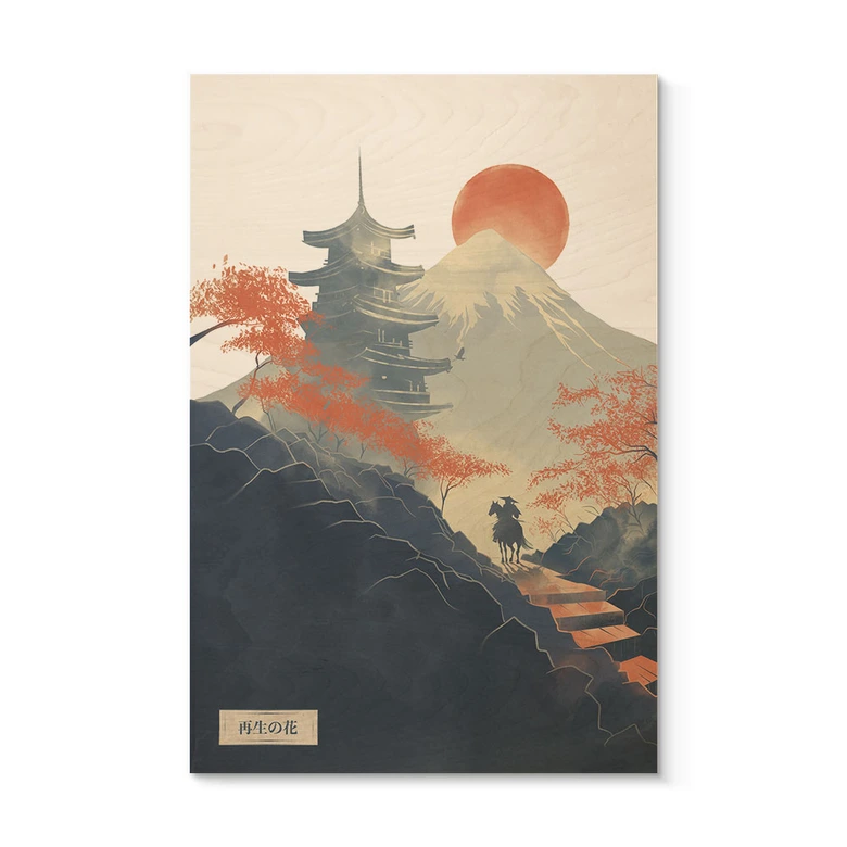 Holzbild Sonnenaufgang über der Pagode - Roze 