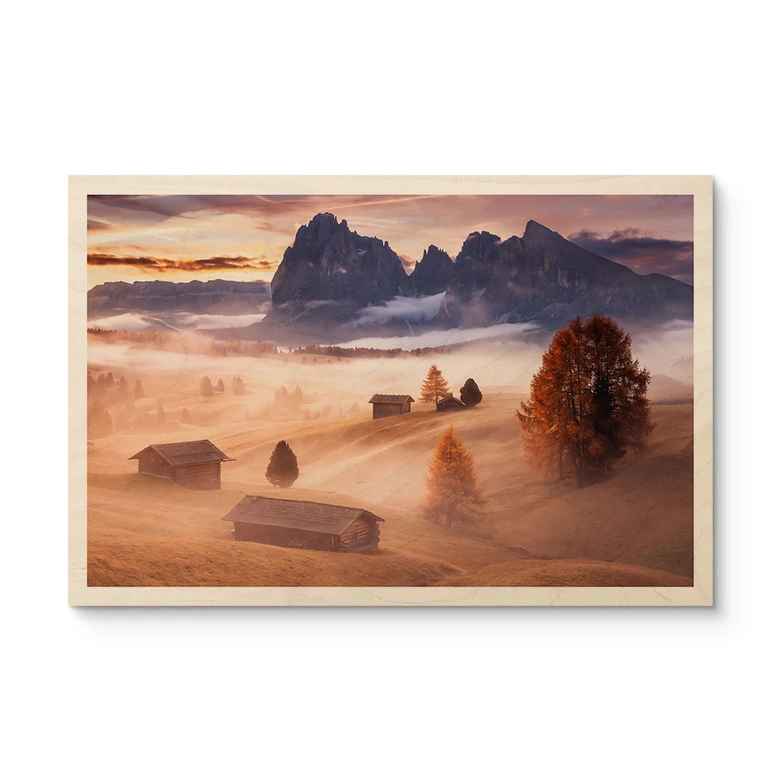 Holzbild Herbstnebel in den Alpen - Selagea 