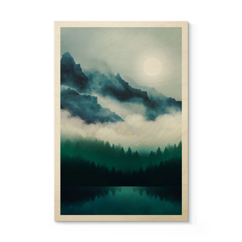 Holzbild Neblige Landschaft in der Nacht - SpaceFrog Designs 