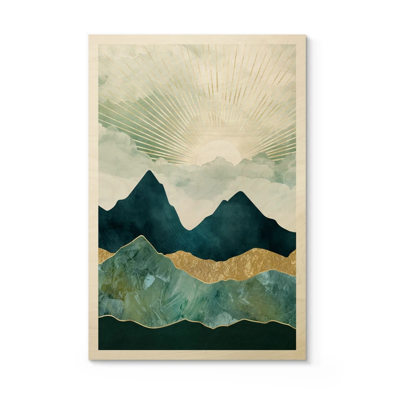 Houten Poster - Zonnig landschap in blauw en goud - SpaceFrog Designs 