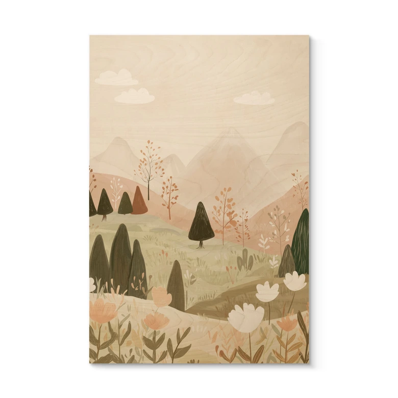 Tableau sur bois Pastel Paysage de montagne avec fleurs - Treechild 