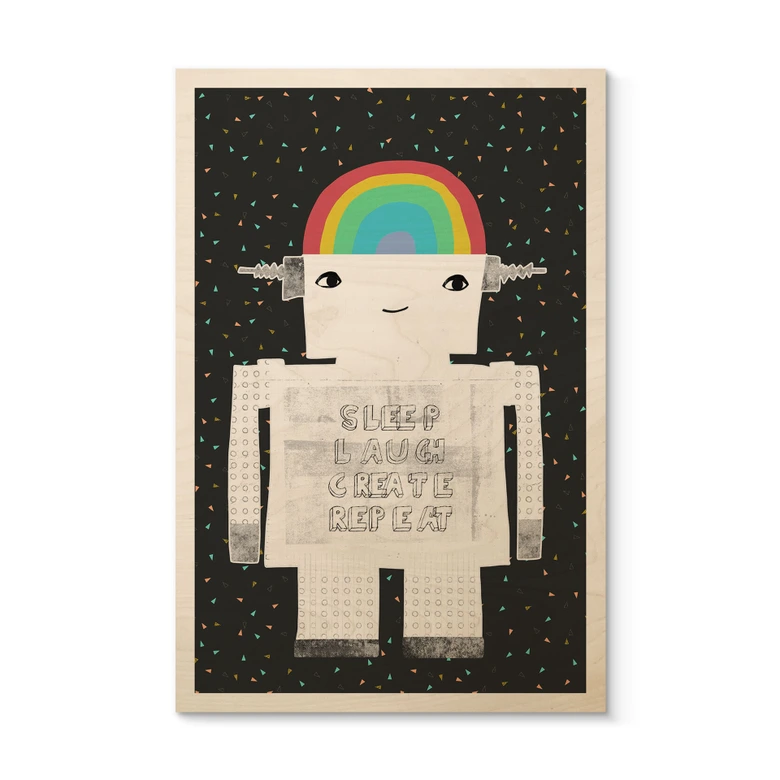 Tableau sur bois Robot arc-en-ciel Sleep Laugh Create - Treechild 