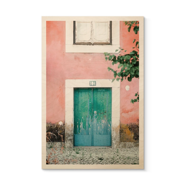 Holzbild Mediterrane Hausfassade in Lissabon - Zwart 