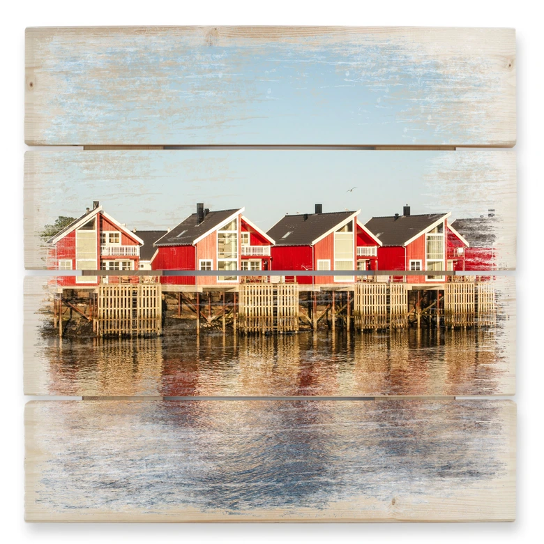 Holzbild Ferienhäuser am Meer - 40x41,5 cm 