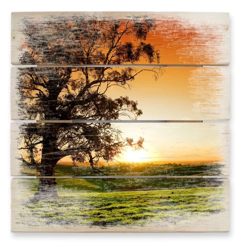 Holzbild Sonnenuntergang über den Hügeln - 40x41,5 cm 