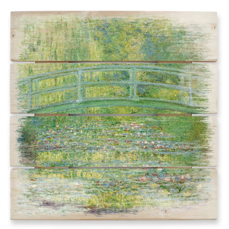Trätavla Monet - Näckrosdamm och japansk bro - 40x41,5 cm 