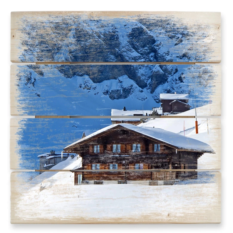 Holzbild Ferienhütte in den Schweizer Alpen - 40x41,5 cm 