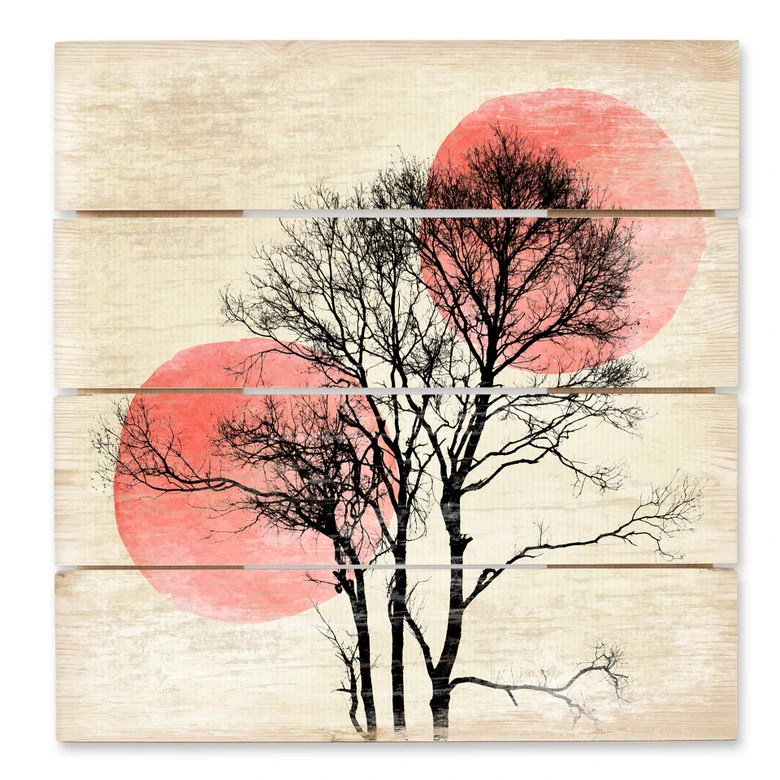 Holzbild Kubistika - Sonne und Mond hinter dem Baum - 40x41,5 cm 