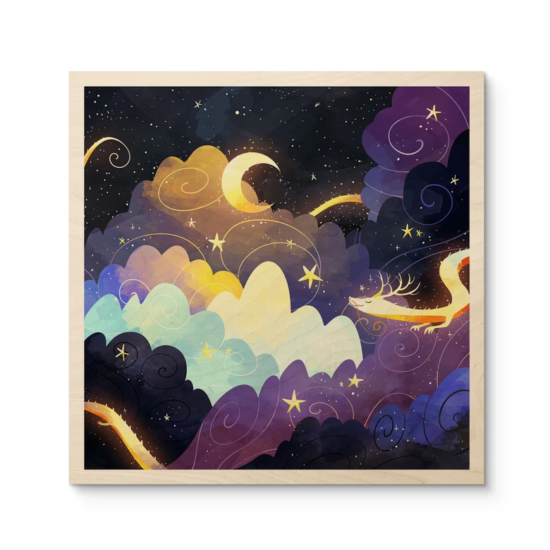 Houten Wanddecoratie van een vlieger vliegend door sterrenwolken - DigitalArtsi 