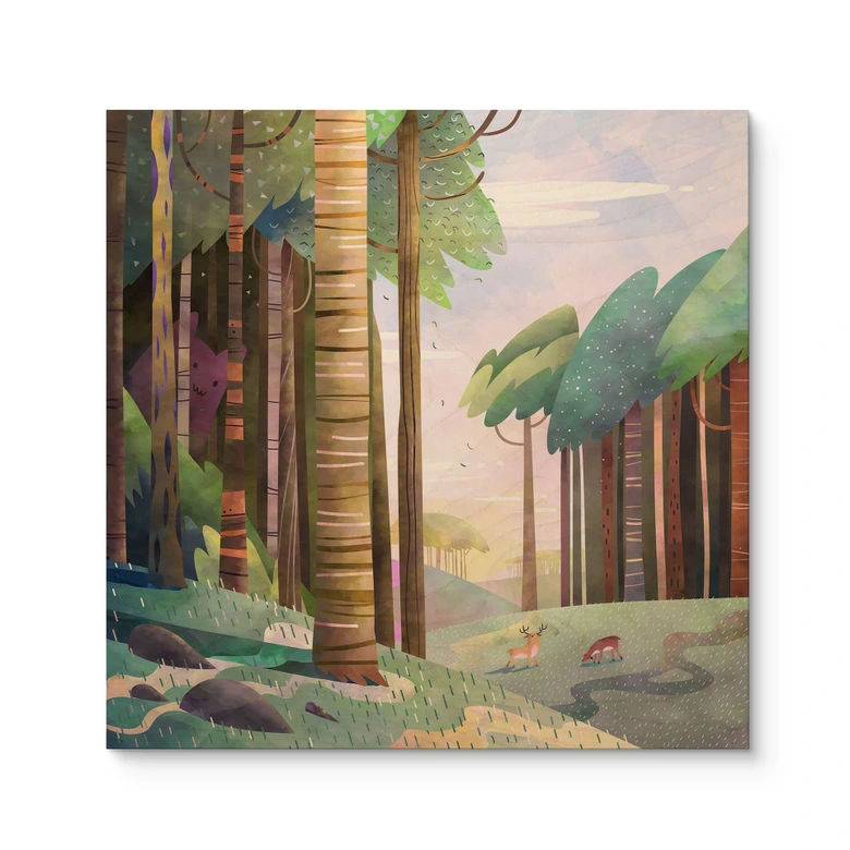 Holzbild Sonniger Wald mit Hirsch - DigitalArtsi 