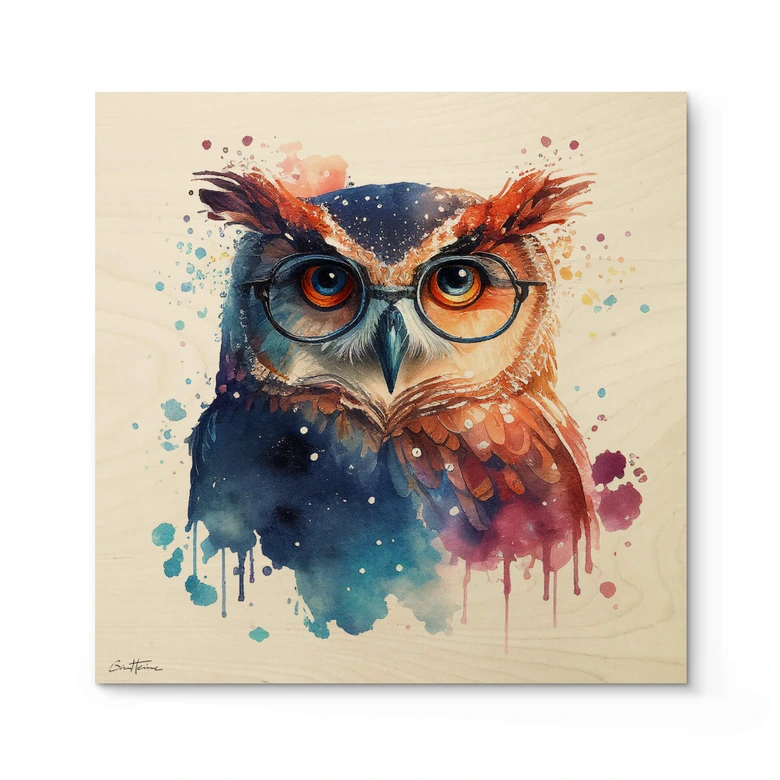 Holzbild Heine - Intelligente Eule mit Brille - Astro Cruise - Quadratisch 