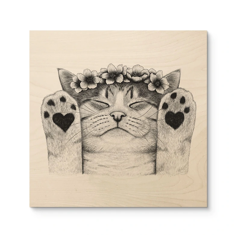 Holzbild Süße Katze mit Herz-Pfoten - Korenkova - Quadratisch 