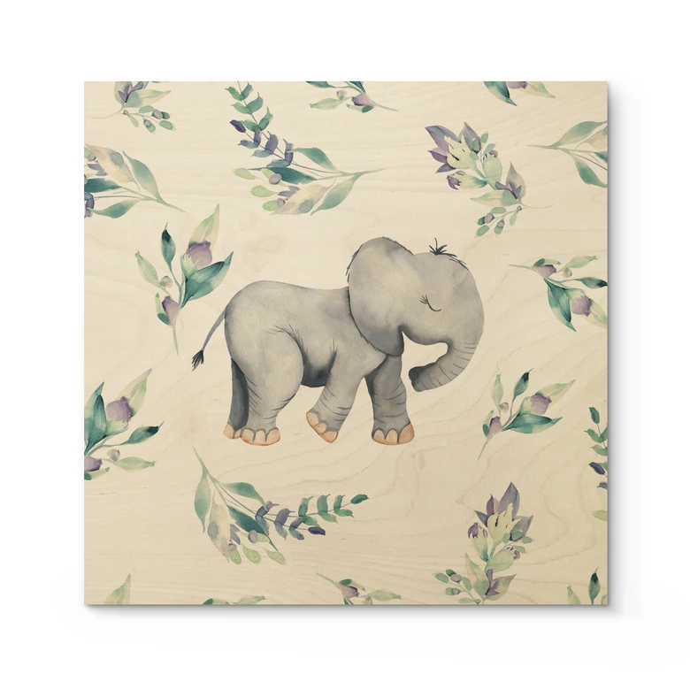 Houten Poster - Schattige baby olifant tussen boho takken - UN Designs 