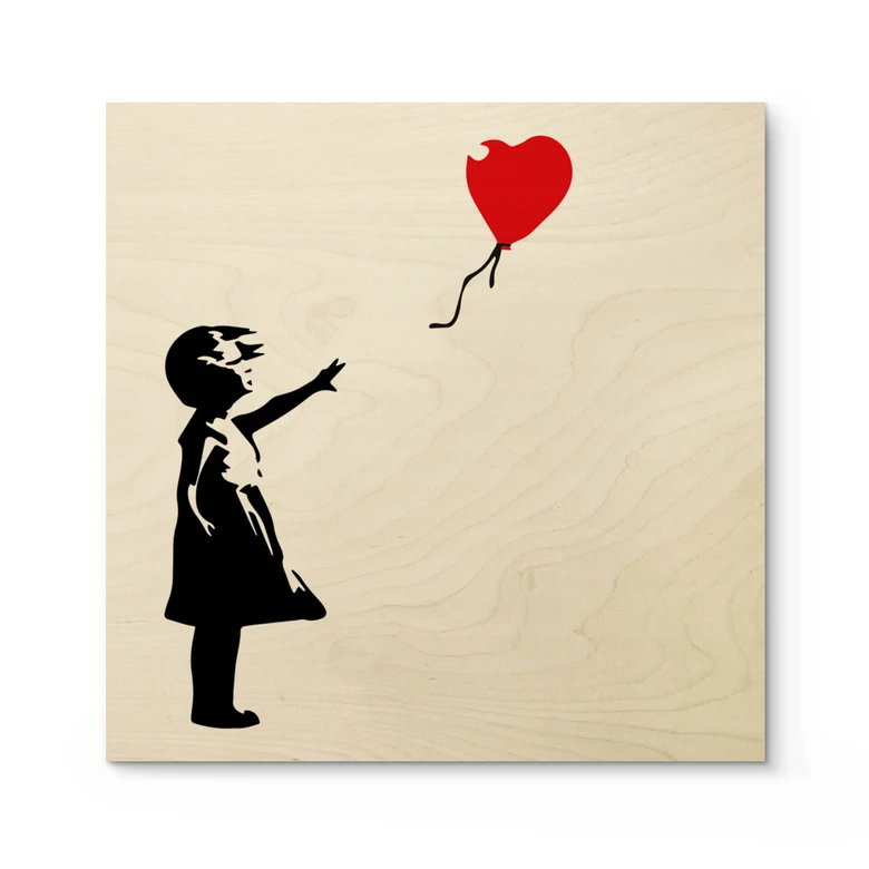 Holzbild Banksy - Girl with the red balloon - Quadratisch 