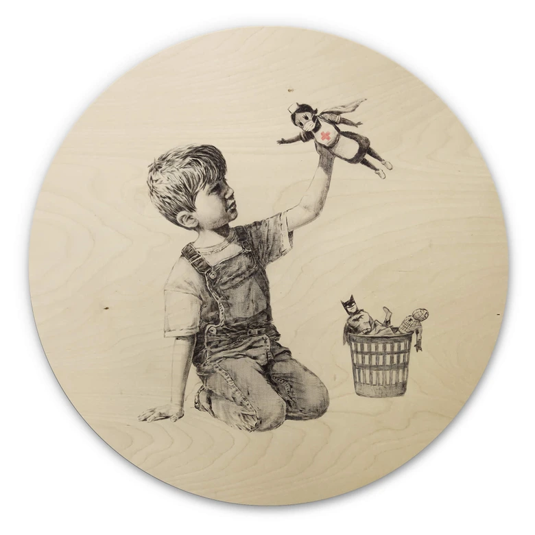 Holzbild Banksy - Real Hero - Rund 