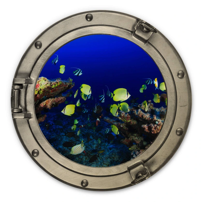 Holzbild 3D-Optik Bullauge - Bunte Unterwasserwelt - neongelbe Fische - Rund 