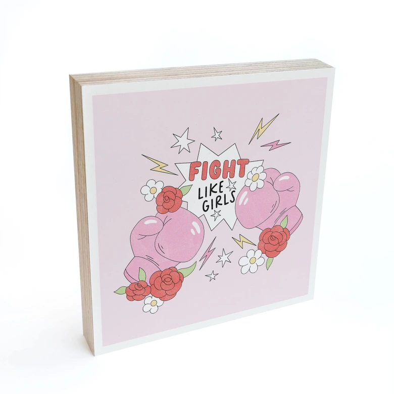Houten Wanddecoratie om op te hangen - Fight Like Girls - Feminist Power - 15x15 cm 
