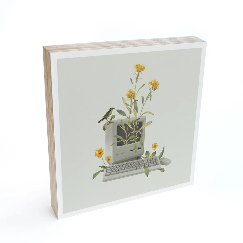 Tableau sur bois à poser - Ordinateur botanique vintage - Frida Floral Studio - 15x15 cm 