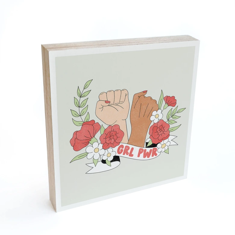 Houten Wanddecoratie om op te hangen - Girl Power flower statement - 15x15 cm 