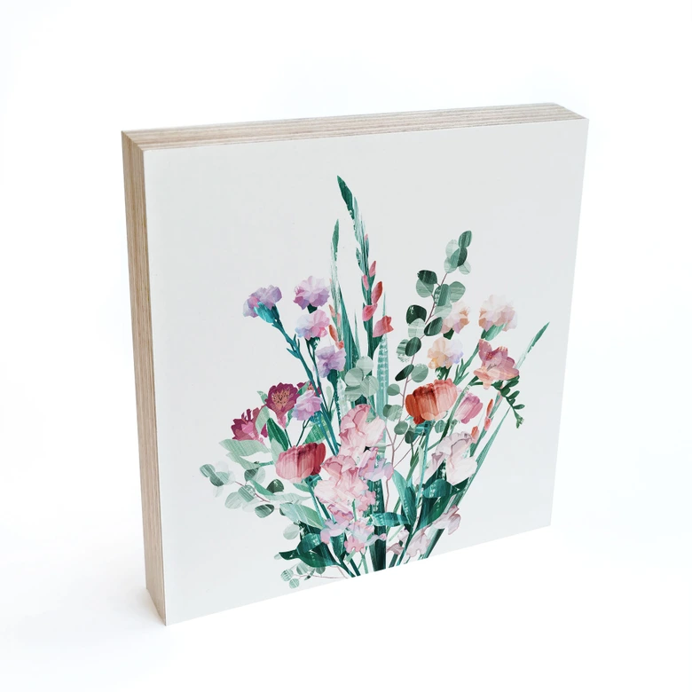 Houten Wanddecoratie om op te hangen - Wilde bloemen boeket in de lente - Goed Blauw - 15x15 cm 