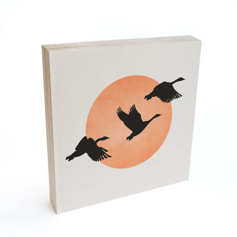 Holzbild zum Hinstellen - Vögel vor der pfirsichfarbenen Sonne - Kubistika - 15x15 cm 