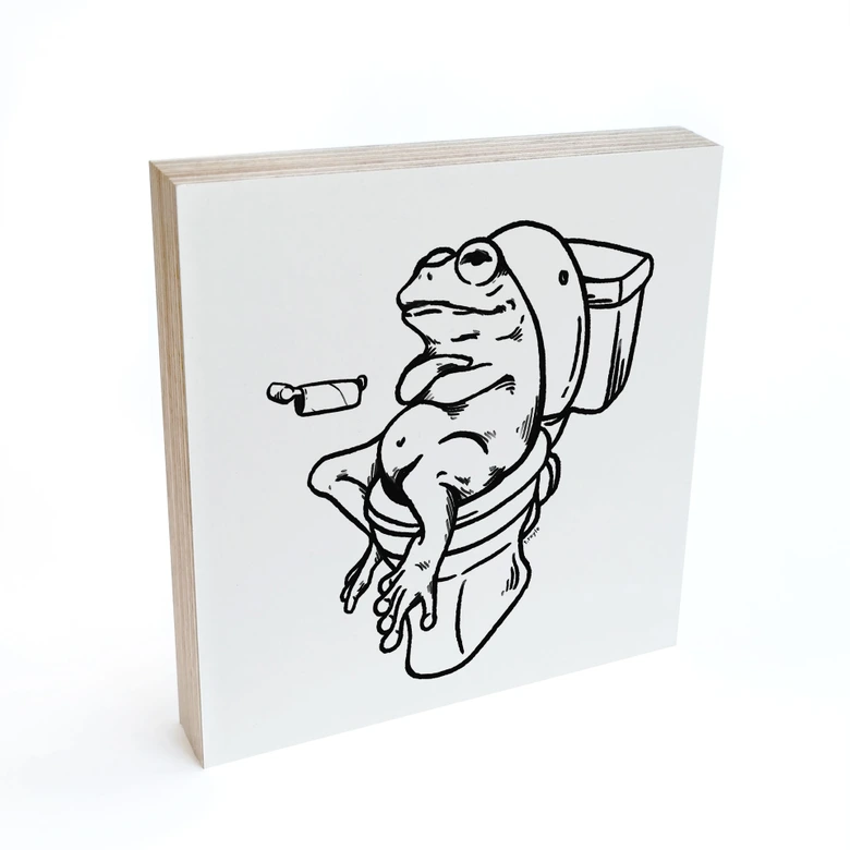 Holzbild zum Hinstellen - Warten auf der Toilette - Humorvolle Frosch-Illustration - Royle - 15x15 cm 