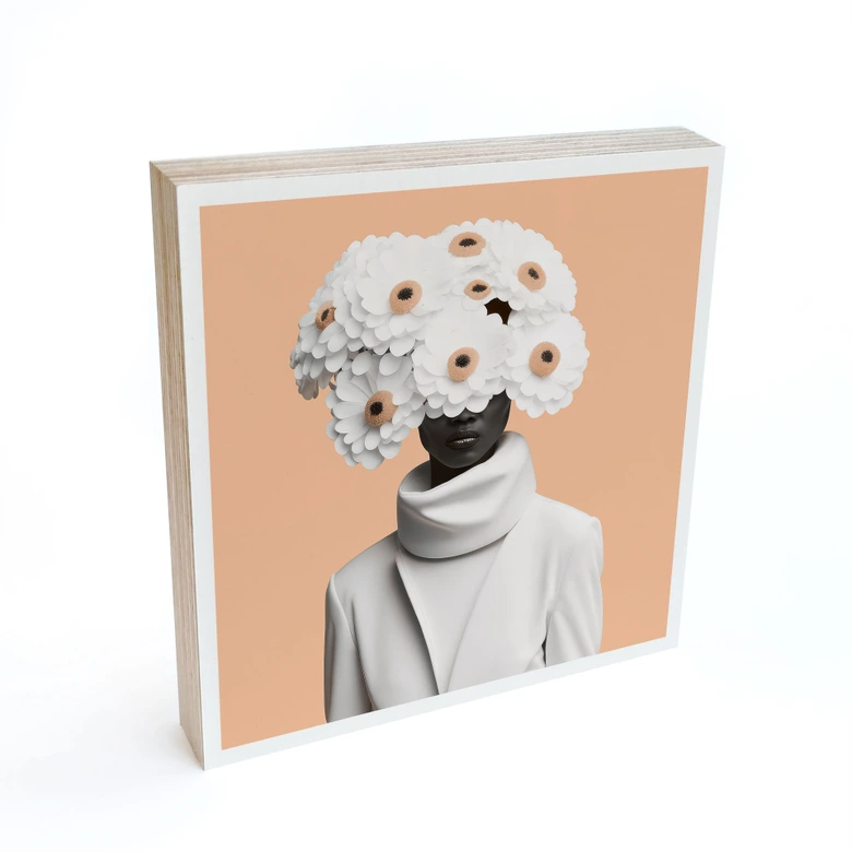 Holzbild zum Hinstellen - Lady in Weiß mit Blumen - Treechild - 15x15 cm 
