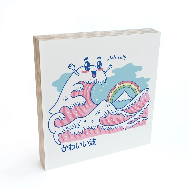 Holzbild zum Hinstellen - Kawaii Welle mit Regenbogen und Berg Fuji - Trinidad - 15x15 cm 