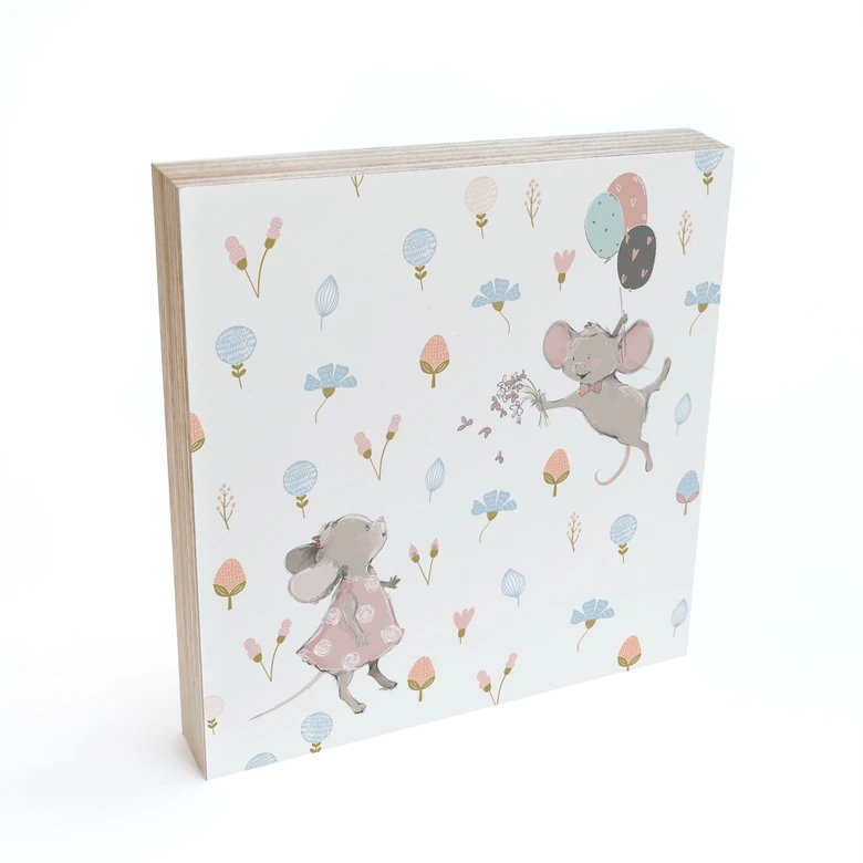 Holzbild zum Hinstellen - Kleine Mäuse mit Luftballons - UN Designs - 15x15 cm 