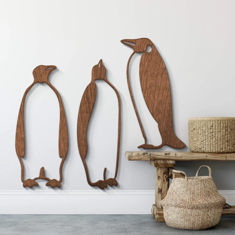 Arte en madera de caoba - Pingüinos (3 piezas) 