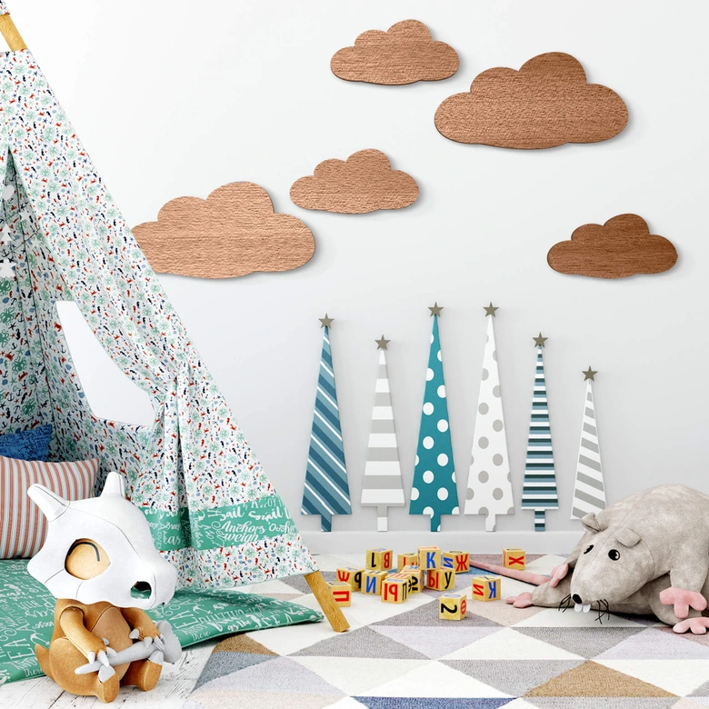 Houten Wanddecoratie Mahoniefineer Wolken (5-delig) 