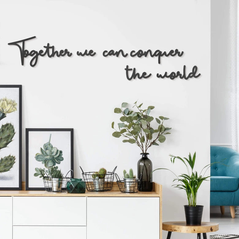 Bokstäver av trä i MDF Tillsammans kan vi erövra världen (6 st) 