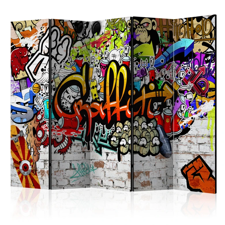 Paravent, Raumteiler freistehend, Trennwand - Bunte Graffiti, 5-teilig - 225x172 cm 